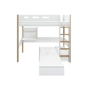 FLEXA Højseng 184 cm med sofa, skrivebord, stige og sengehest, 90x200 cm, Hvid/Eg 208.0 cm x 184.0 cm x 178.3 cm White/Oak